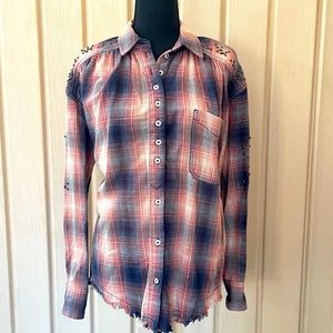 Free People • Take Me On Studded Plaid Fringe Button Down Long Sleeve Shirt XS